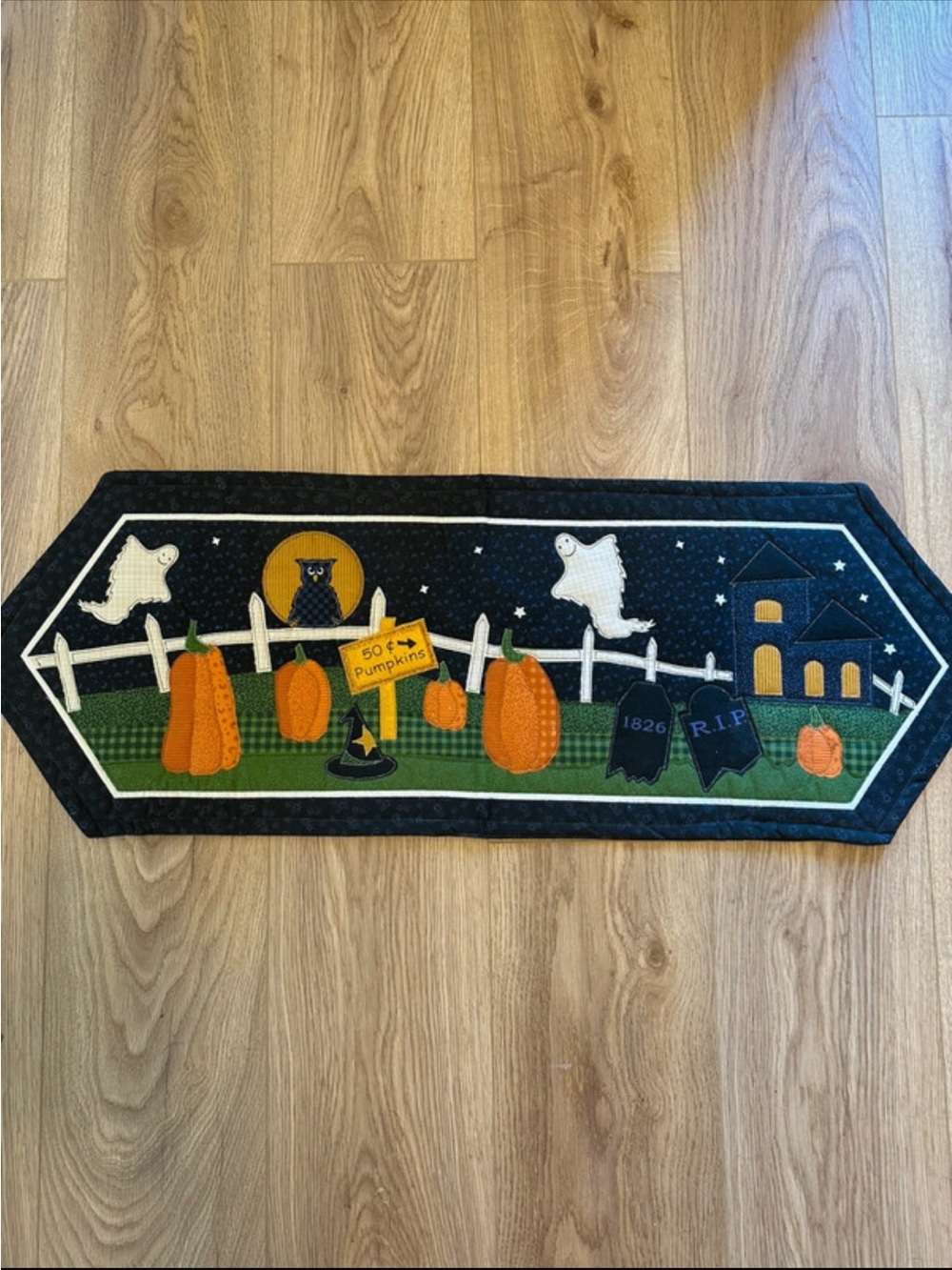 Quilted Halloween Pumpkin & Ghost Table Runner - Orange and Black 36” long